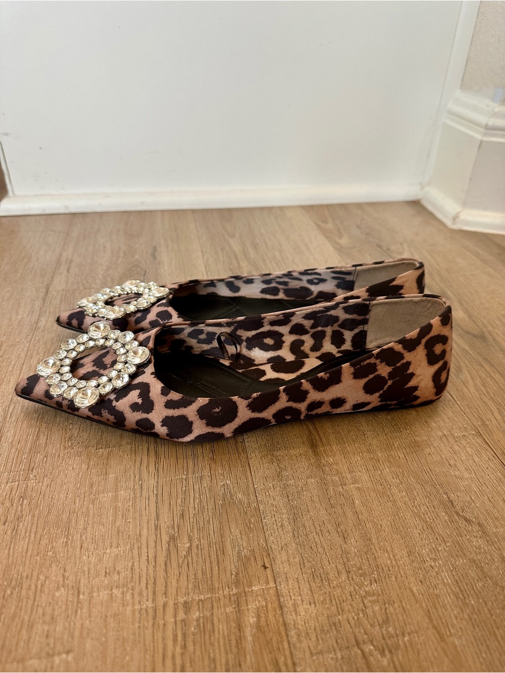 Zara Leopard Print Pointed Flats with Crystal Circle Buckles - Picture 5 of 8